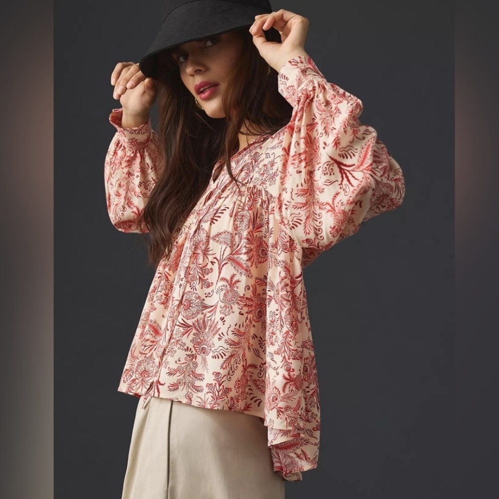 NWOT Anthropologie Tir-front Peasant Red and Cream Blouse - Picture 2 of 9